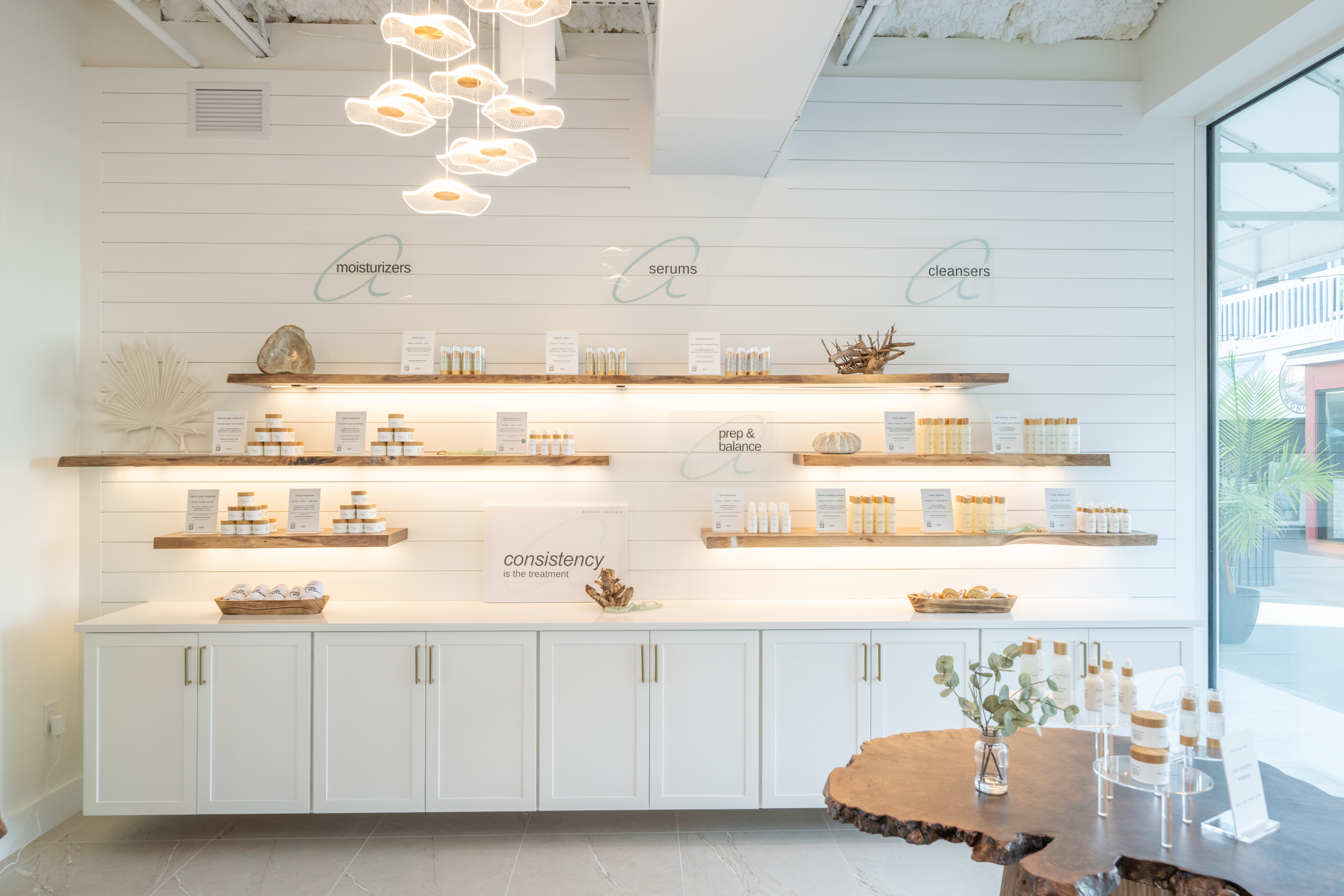 ästhetik skincare boutique shelves inside Fishermen’s Village spa in Punta Gorda