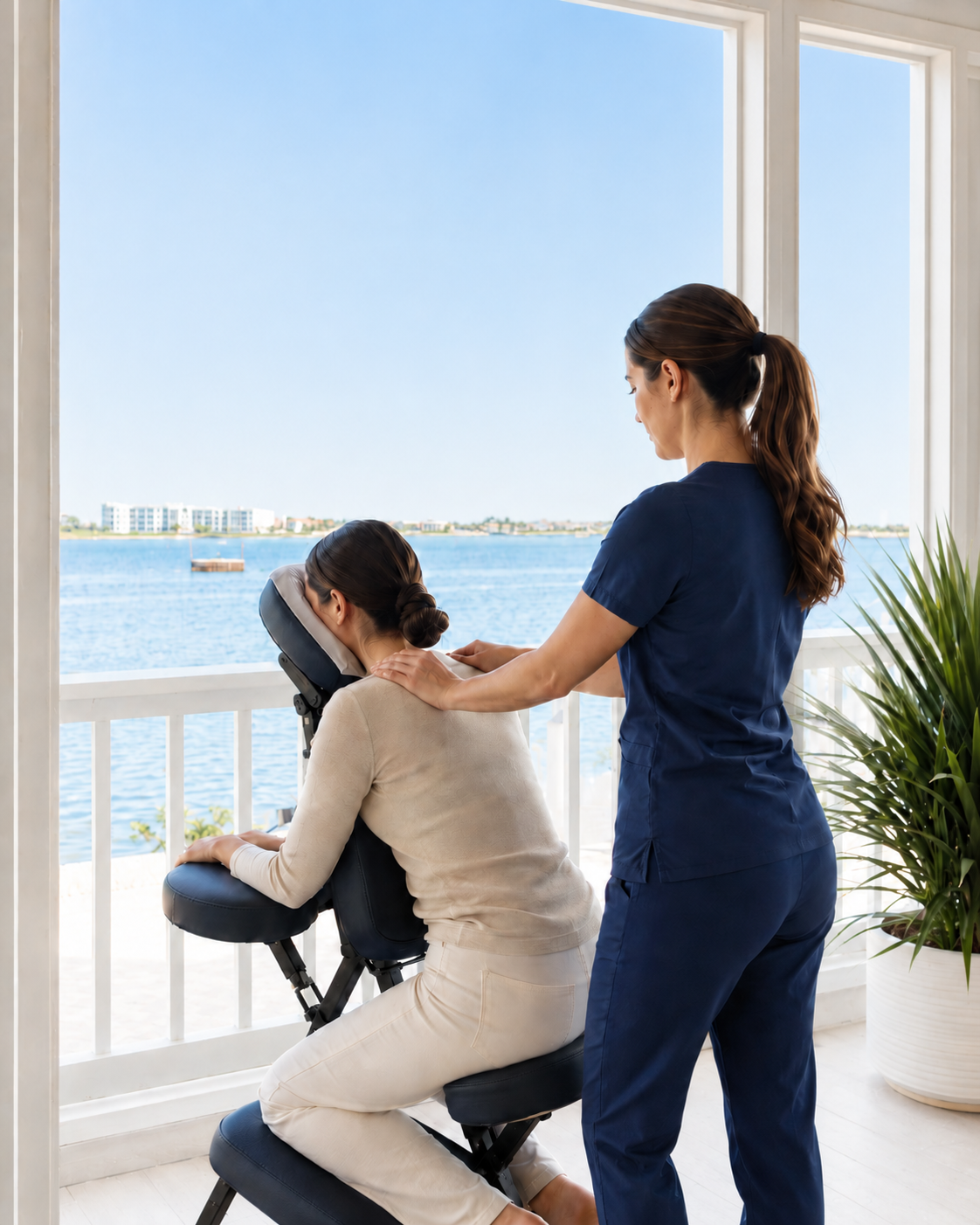 Licensed massage therapist providing a waterfront chair massage overlooking the harbor at ästhetik spa and skincare in Fishermen’s Village, Punta Gorda
