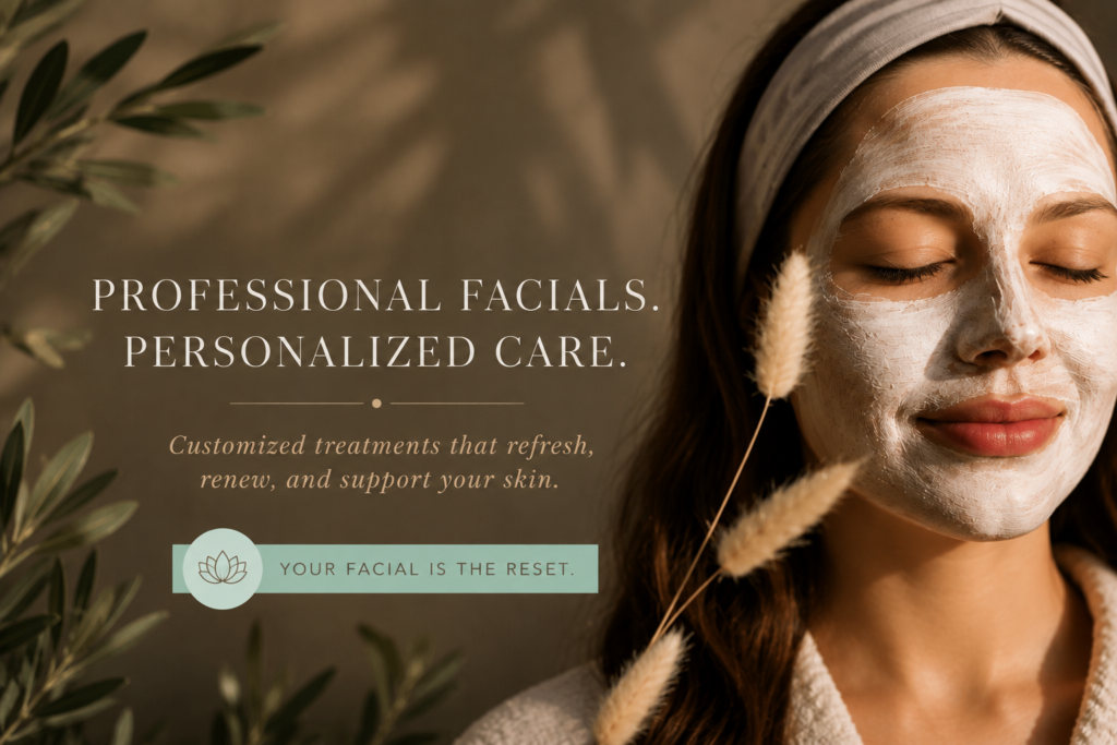 Woman wearing a facial mask with botanical accents promoting personalized professional facial treatments.