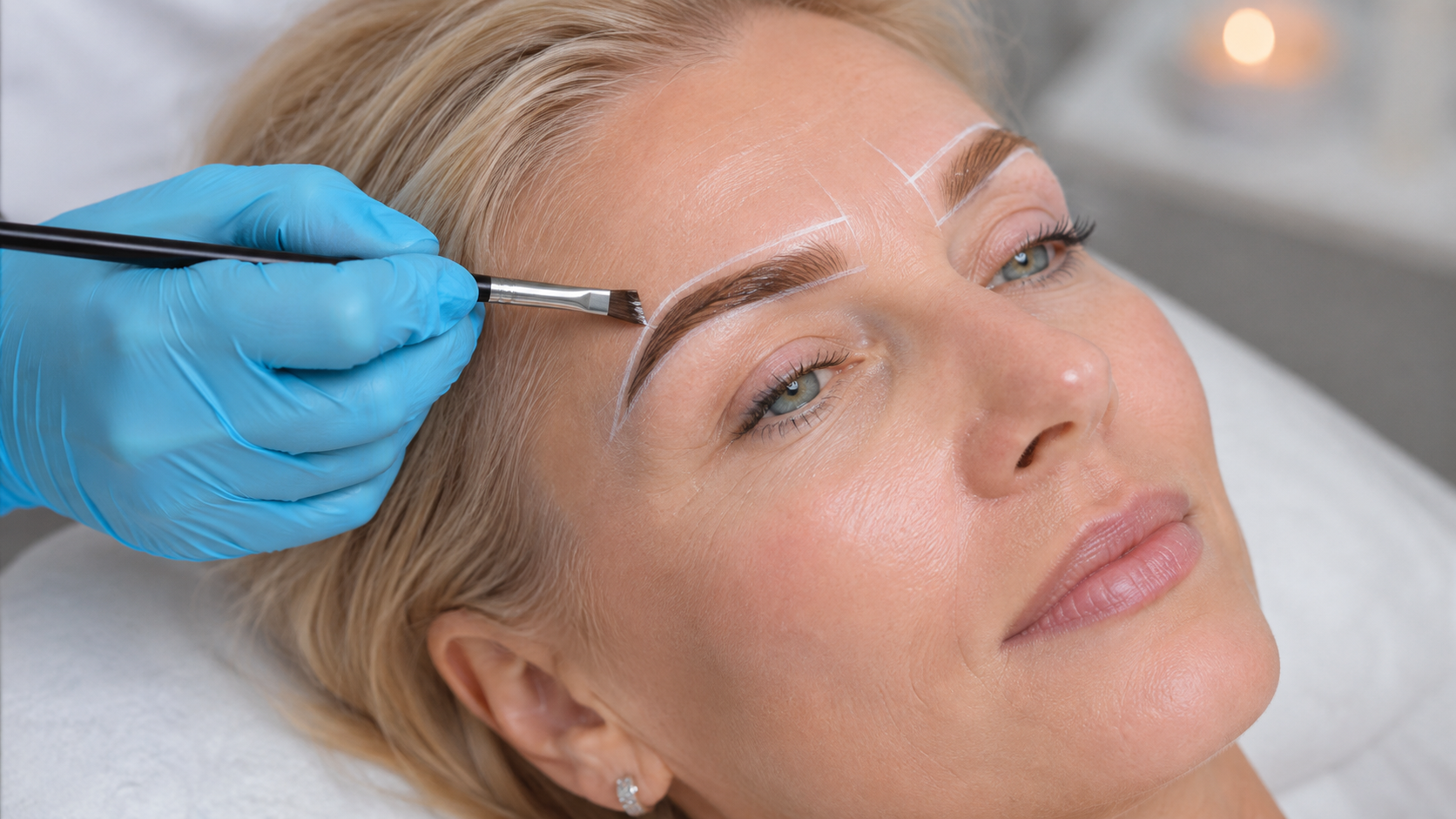 Brow mapping and tint application with white mapping lines during Brow Artistry at ästhetik spa in Punta Gorda